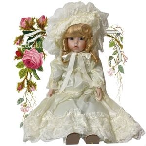 Victorian Porcelain Doll Flora Satin Silk Floral Lace Delicate Cottage Core